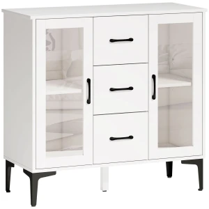 Modern Dressoir Met Soft close Deuren, Buffetkast Met 3 Lades, 2 Glazen Deuren, Verstelbare Planken, MDF, Wit