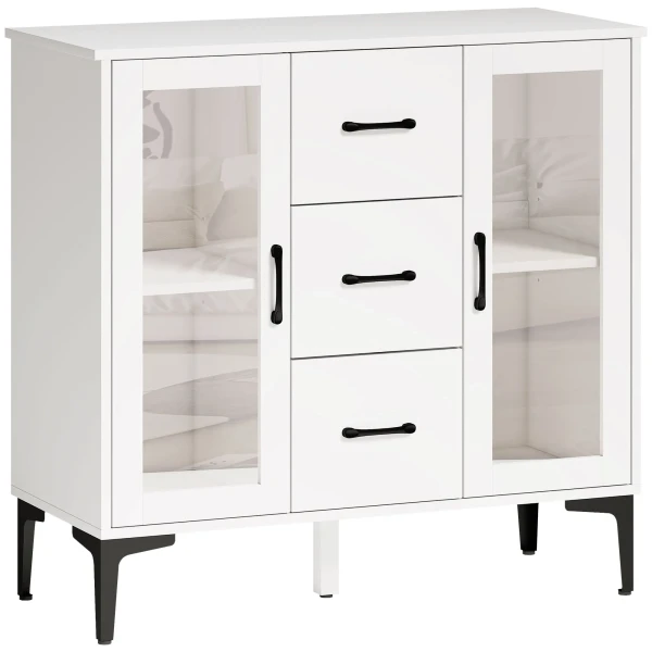 Modern Dressoir Met Soft close Deuren, Buffetkast Met 3 Lades, 2 Glazen Deuren, Verstelbare Planken, MDF, Wit