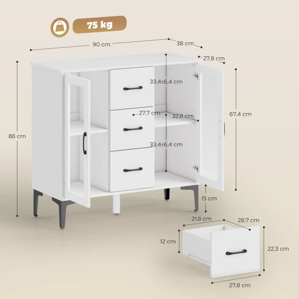 Modern Dressoir Met Soft close Deuren, Buffetkast Met 3 Lades, 2 Glazen Deuren, Verstelbare Planken, MDF, Wit