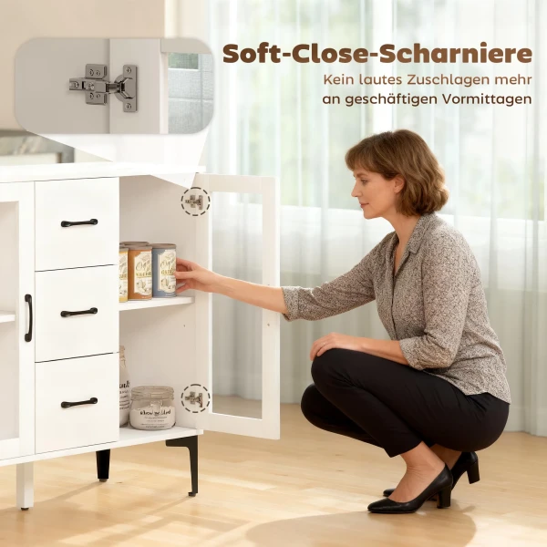 Modern Dressoir Met Soft close Deuren, Buffetkast Met 3 Lades, 2 Glazen Deuren, Verstelbare Planken, MDF, Wit