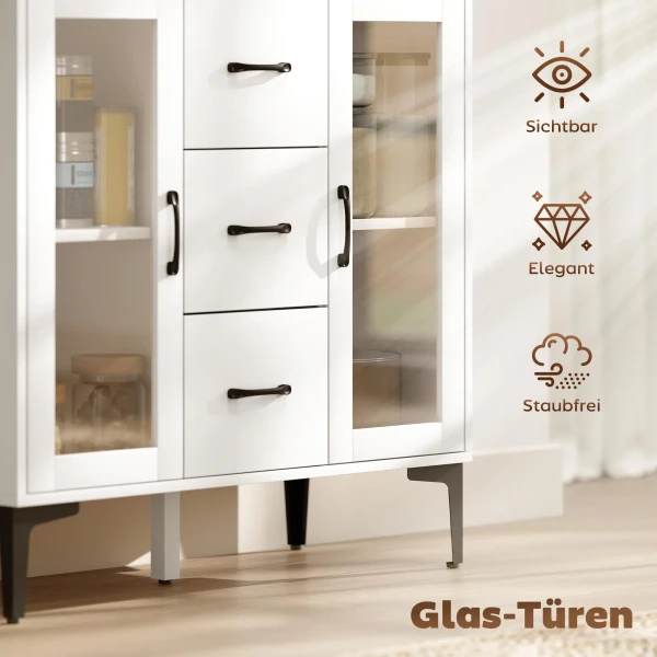 Modern Dressoir Met Soft close Deuren, Buffetkast Met 3 Lades, 2 Glazen Deuren, Verstelbare Planken, MDF, Wit