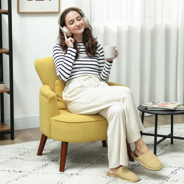 Moderne armstoel, gestoffeerde accentstoel met lendenkussen, rubberhouten poten, geel 2