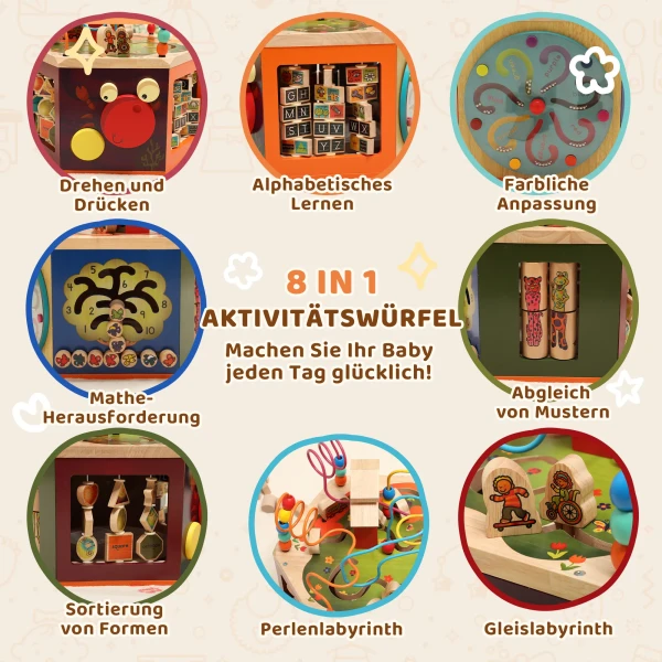 Motoriek Kubus, 8 in 1 Activiteitskubus Met Motoriek Lus, Kralenlabyrint, 41,5 X 37,5 X 37,5 Cm, Meerkleurig