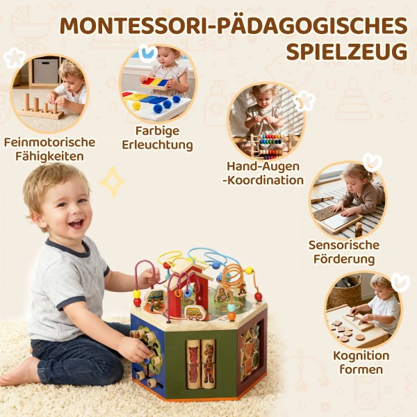 Motoriek Kubus, 8 in 1 Activiteitskubus Met Motoriek Lus, Kralenlabyrint, 41,5 X 37,5 X 37,5 Cm, Meerkleurig