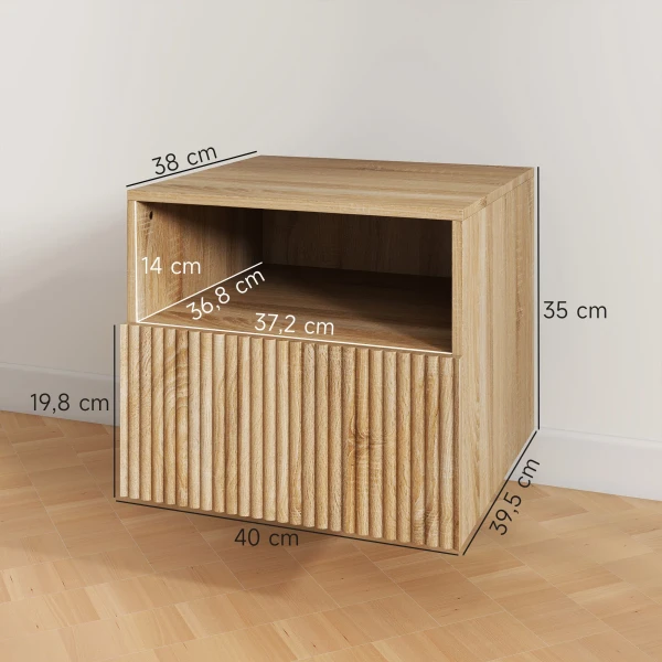 Nachtkastje, Ontwerp Zonder Handgrepen, Open Vak, Lade, Wandmontage, Lichtbruin