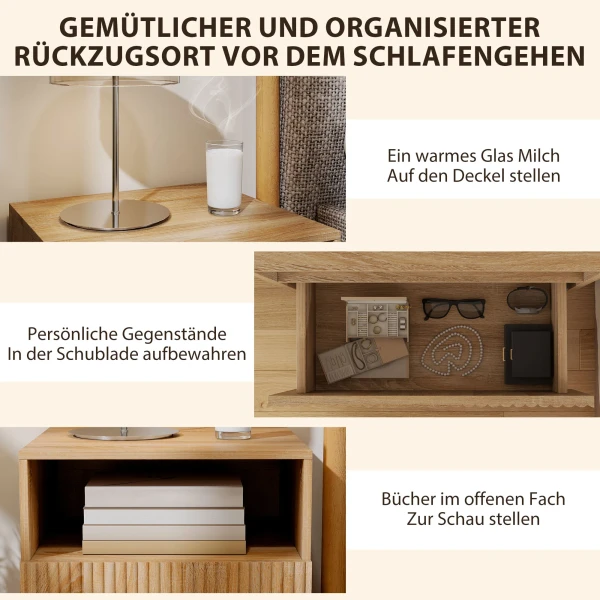 Nachtkastje, Ontwerp Zonder Handgrepen, Open Vak, Lade, Wandmontage, Lichtbruin