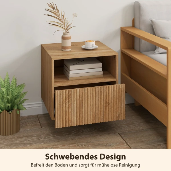 Nachtkastje, Ontwerp Zonder Handgrepen, Open Vak, Lade, Wandmontage, Lichtbruin
