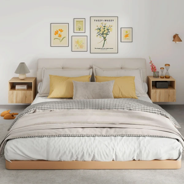 Nachtkastje, Ontwerp Zonder Handgrepen, Open Vak, Lade, Wandmontage, Lichtbruin