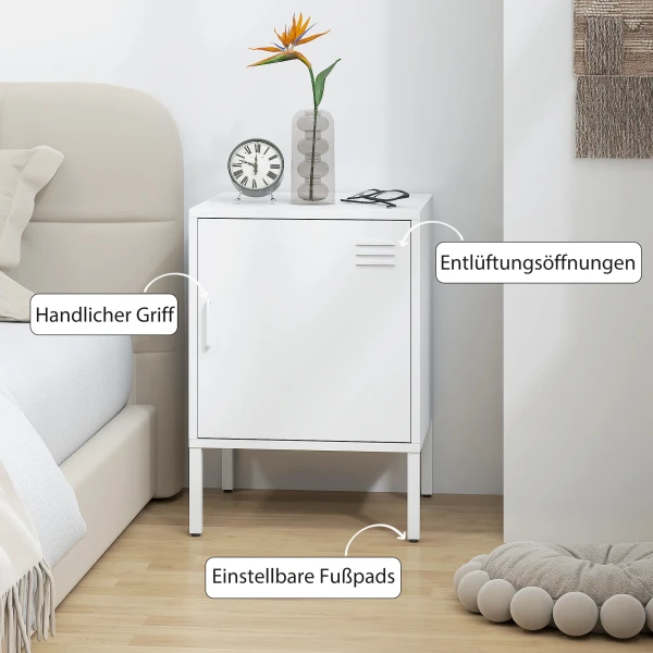 Nachtkastje Van Staal, Bijzettafel Voor Verschillende Doeleinden, Verstelbaar Rek, Voor Slaapkamer, Woonkamer, Wit