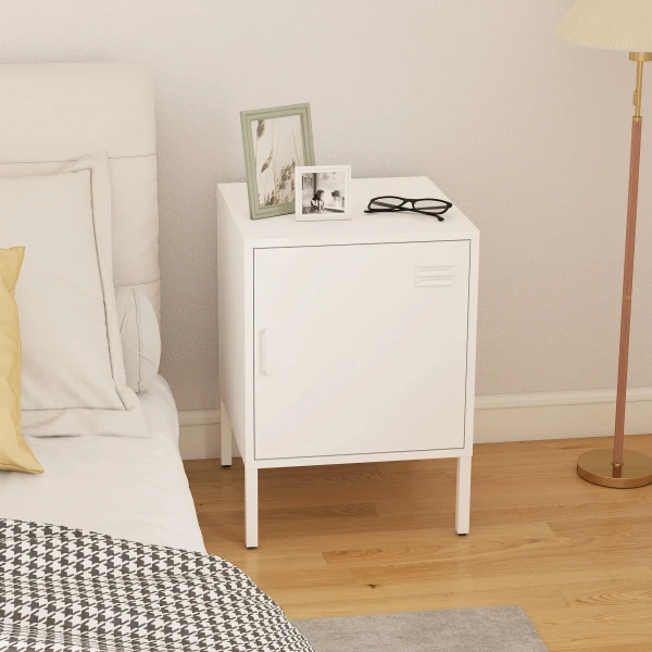 Nachtkastje Van Staal, Bijzettafel Voor Verschillende Doeleinden, Verstelbaar Rek, Voor Slaapkamer, Woonkamer, Wit