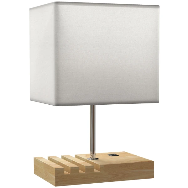 Nachtkastlamp, USB aansluitingen, Hout, Stof, Wipschakelaar, Opbergvakken, Wit