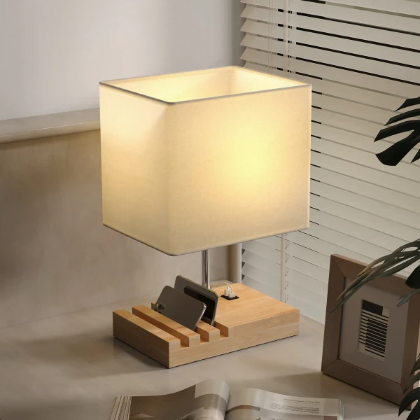 Nachtkastlamp, USB aansluitingen, Hout, Stof, Wipschakelaar, Opbergvakken, Wit