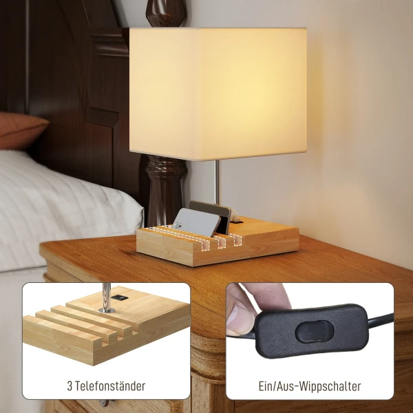 Nachtkastlamp, USB aansluitingen, Hout, Stof, Wipschakelaar, Opbergvakken, Wit