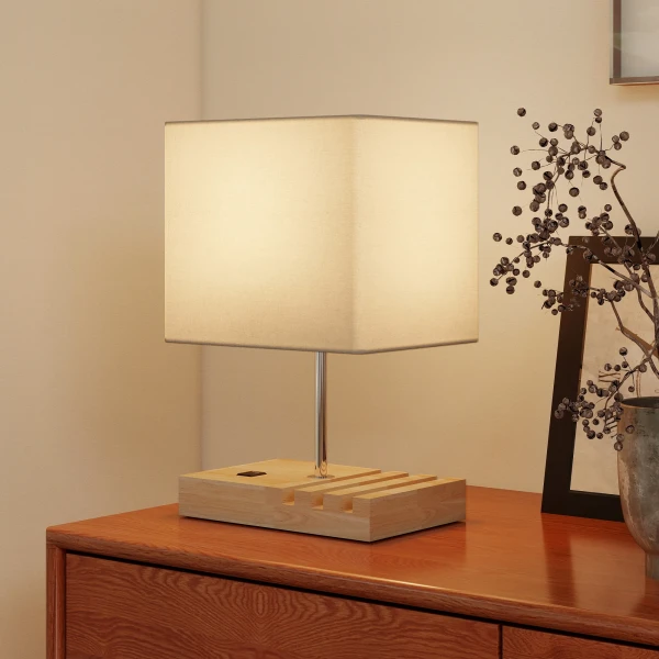 Nachtkastlamp, USB aansluitingen, Hout, Stof, Wipschakelaar, Opbergvakken, Wit