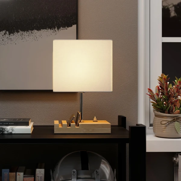 Nachtkastlamp, USB aansluitingen, Hout, Stof, Wipschakelaar, Opbergvakken, Wit