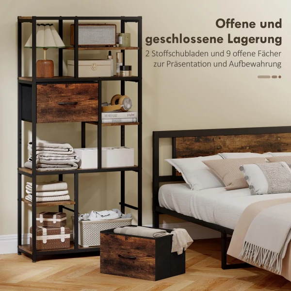 Opbergrek, 2 stoffen lades, 9 open vakken, vrijstaand rek met stalen frame, bruin+zwart 5