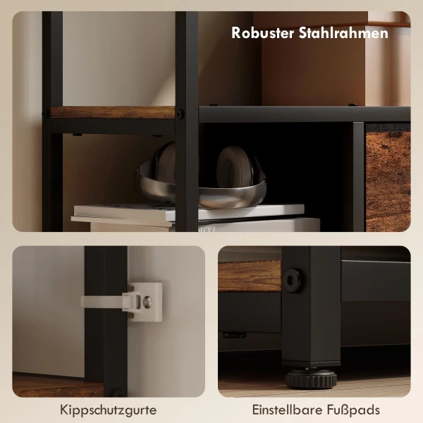 Opbergrek, 2 stoffen lades, 9 open vakken, vrijstaand rek met stalen frame, bruin+zwart 7