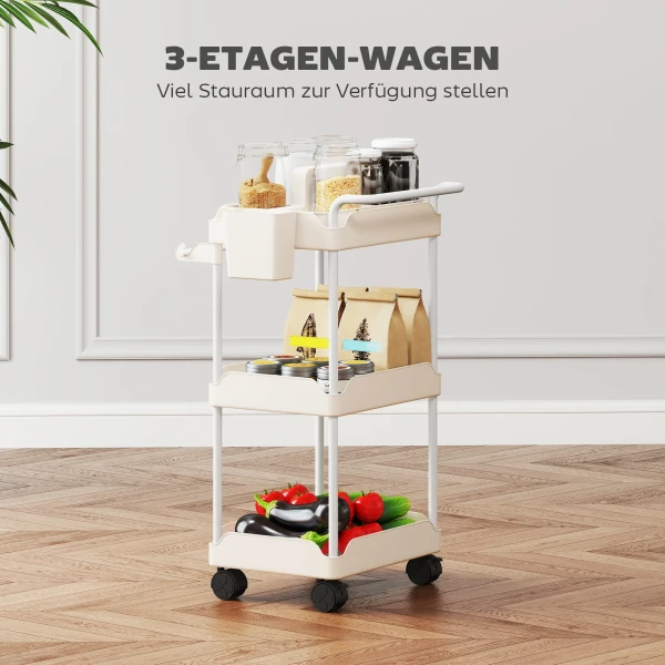 Opbergwagen, 3 Manden, Handdoekhouder, Wielen, Handvat, Metalen Frame, Wit