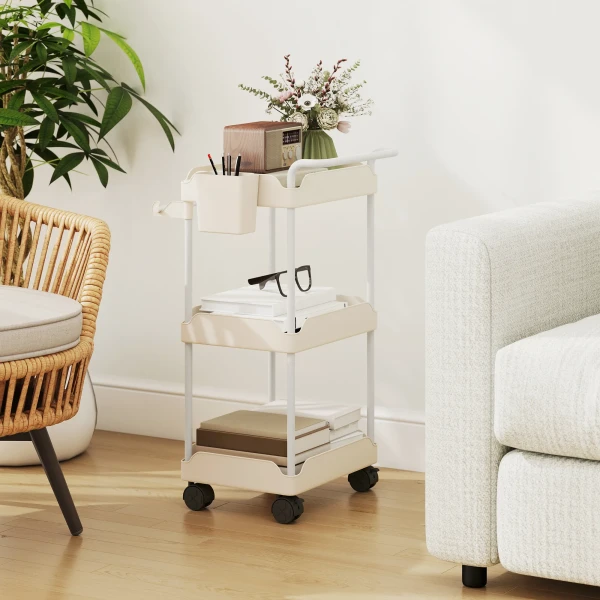 Opbergwagen, 3 Manden, Handdoekhouder, Wielen, Handvat, Metalen Frame, Wit