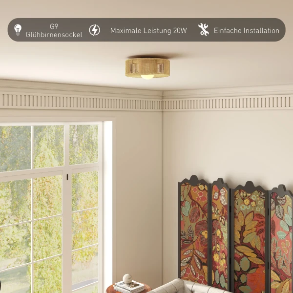 Plafondlamp, boho hanglamp met g9 led fitting, lampenkap van rond hennep touw 7