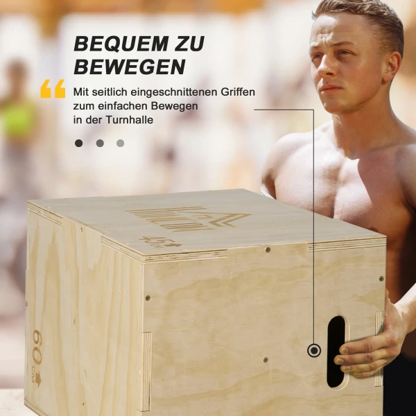 Plyo box, sprungbox van hout, plyometrisch platform met handvat voor thuis, 45 x 40 x 60 cm, natuurhout 6