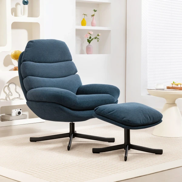 Relaxfauteuil Met Voetenbank, Loungestoel Bekleed Met Chenille stof, Moderne TV fauteuil, 78 X 93 X 100 Cm, Blauw