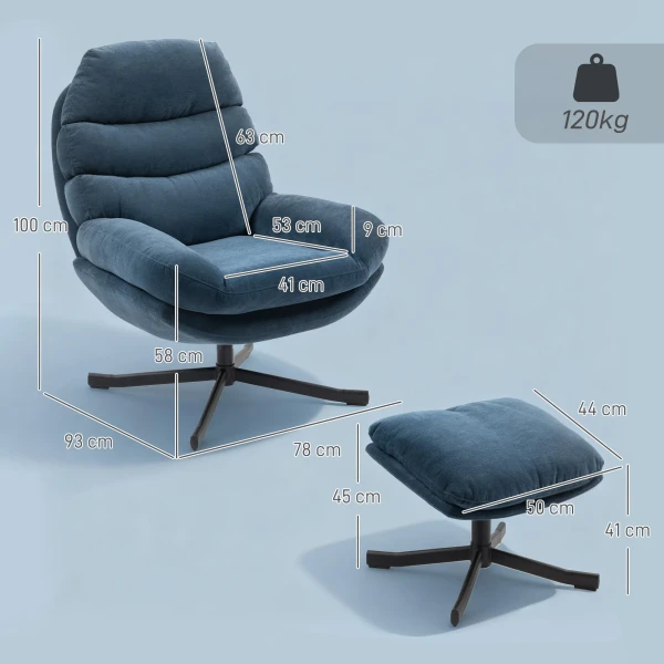 Relaxfauteuil Met Voetenbank, Loungestoel Bekleed Met Chenille stof, Moderne TV fauteuil, 78 X 93 X 100 Cm, Blauw