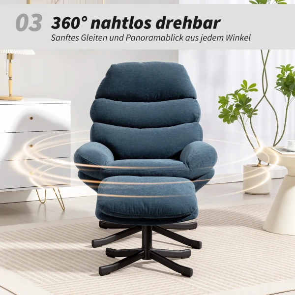 Relaxfauteuil Met Voetenbank, Loungestoel Bekleed Met Chenille stof, Moderne TV fauteuil, 78 X 93 X 100 Cm, Blauw