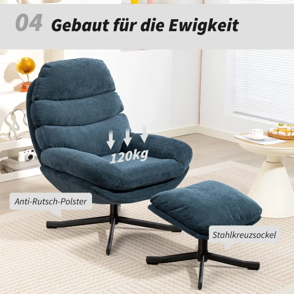 Relaxfauteuil Met Voetenbank, Loungestoel Bekleed Met Chenille stof, Moderne TV fauteuil, 78 X 93 X 100 Cm, Blauw