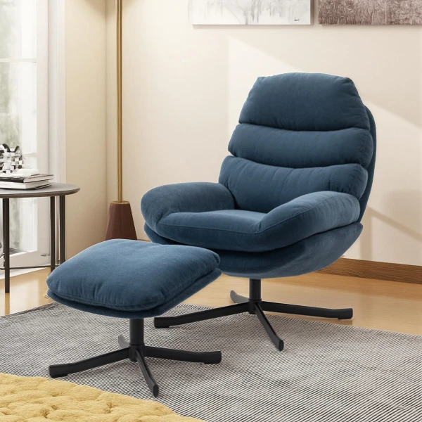 Relaxfauteuil Met Voetenbank, Loungestoel Bekleed Met Chenille stof, Moderne TV fauteuil, 78 X 93 X 100 Cm, Blauw