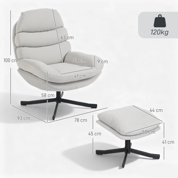 Relaxfauteuil Met Voetenbank, Loungestoel Met Chenille stof, Moderne Televisiefauteuil, 78 X 93 X 100 Cm, Crèmewit