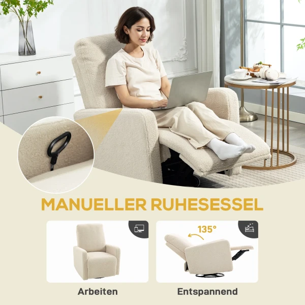 Relaxfauteuil, ontspanningsstoel met fleece hoes, verstelbare rugleuning, gestoffeerde stoel, staal, beige 5