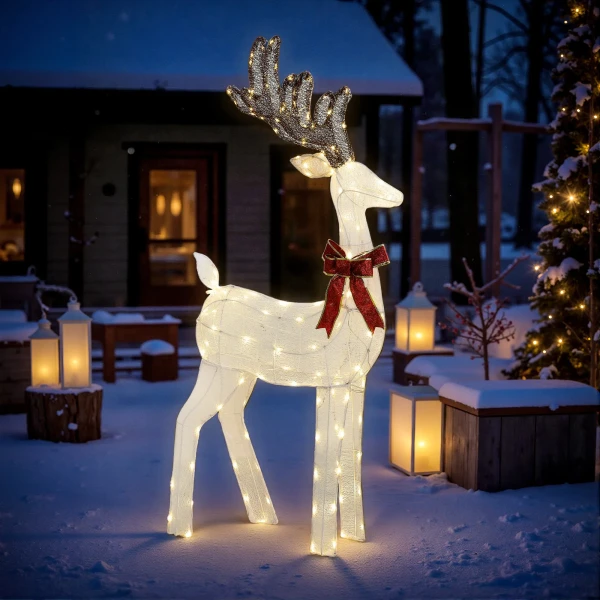 Rendier Met Rode Strik, 137 LED's, Kerstverlichting, Weerbestendig, 66 X 25 X 135 Cm, Zilver