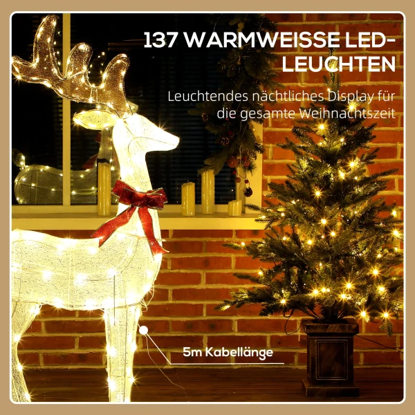 Rendier Met Rode Strik, 137 LED's, Kerstverlichting, Weerbestendig, 66 X 25 X 135 Cm, Zilver