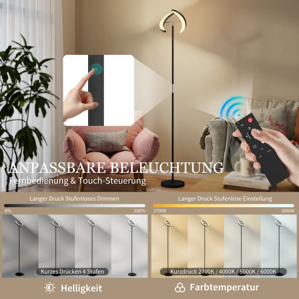RGB Staande Lamp, Dimbare Lamp Met Meerkleurige Verlichtingsopties, Draaibaar, Zwart