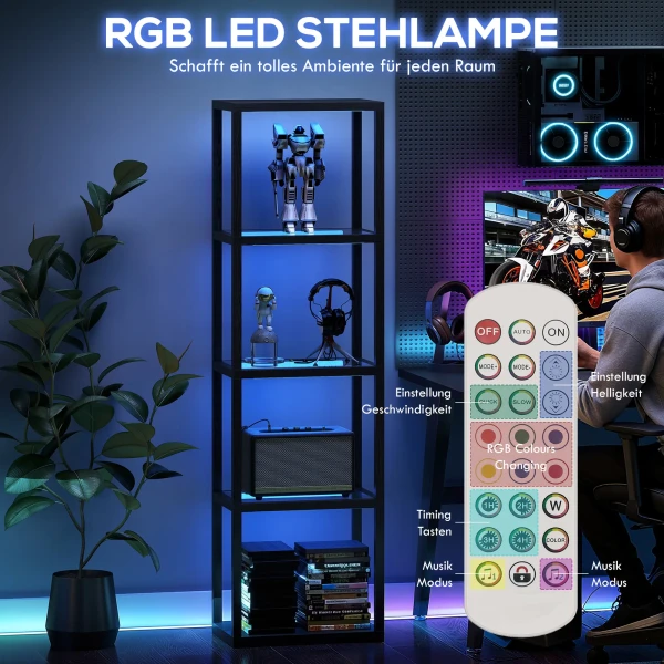 Rgb staande lamp met glazen planken, 4 niveaus led staande lamp met afstandsbediening, muzieksynchronisatie, zwart 5