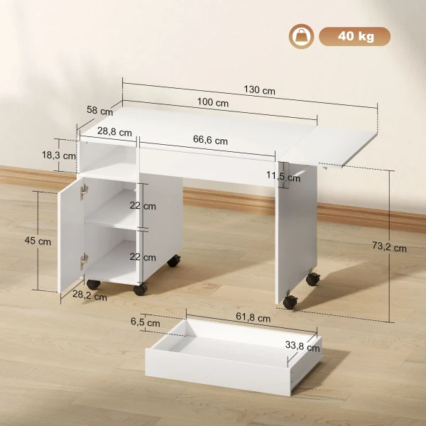 Rolbare computertafel, inklapbare bureau met kast en lade, spaanplaat, wit 4