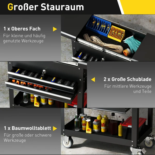 Rollende Gereedschapskast, Gereedschapskist Met Laden, Werkoppervlak, Afsluitbaar, Met Handvat, Staal, Zwart
