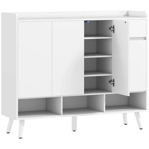 Schoenenkast met greeploos ontwerp, 4 deuren, 4 verstelbare planken, vrijstaand schoenenrek met 5 houten poten, hout, wit 1