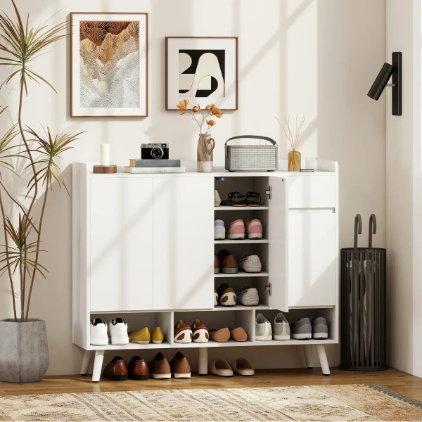Schoenenkast met greeploos ontwerp, 4 deuren, 4 verstelbare planken, vrijstaand schoenenrek met 5 houten poten, hout, wit 2