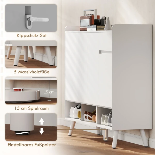 Schoenenkast met greeploos ontwerp, 4 deuren, 4 verstelbare planken, vrijstaand schoenenrek met 5 houten poten, hout, wit 9