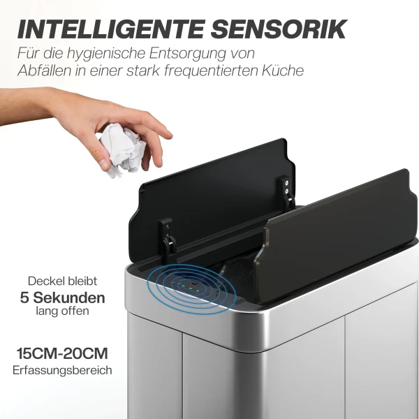 Sensor afvalbak, 55 l capaciteit, vlinderdeksel, opent automatisch, roestvrij staal, zilverkleurig 5