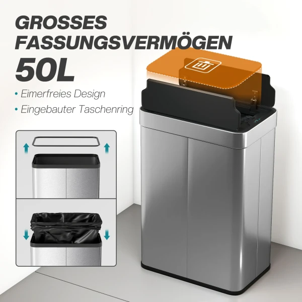 Sensor afvalbak, 55 l capaciteit, vlinderdeksel, opent automatisch, roestvrij staal, zilverkleurig 6