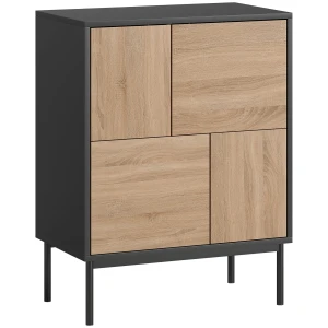 Sideboard Met Push to Open Deuren, Eetkamerkast Met Metalen Poten, Keukenkast, MDF, Zwart+Natuurhout