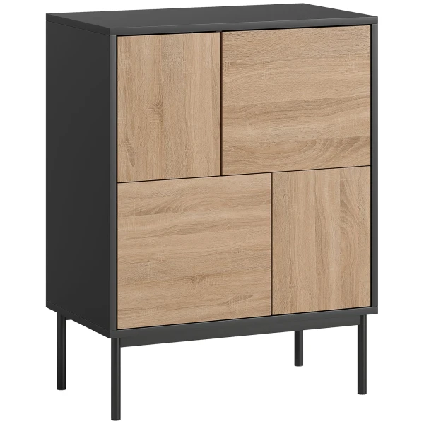 Sideboard Met Push to Open Deuren, Eetkamerkast Met Metalen Poten, Keukenkast, MDF, Zwart+Natuurhout
