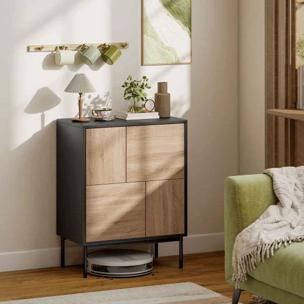 Sideboard Met Push to Open Deuren, Eetkamerkast Met Metalen Poten, Keukenkast, MDF, Zwart+Natuurhout