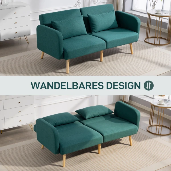 Slaapbank, 3 zits bank met bedfunctie, 2 kussens, gestoffeerde bank met verstelbare rugleuning, linnenlook, groen 5