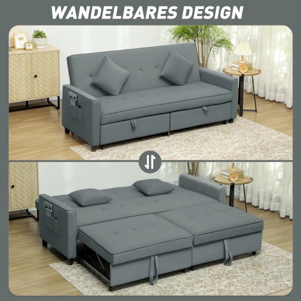 Slaapbank, verstelbare 3 zits bank met bedfunctie, slaapbank met uitschuifbaar bed, kussens, grijs 5