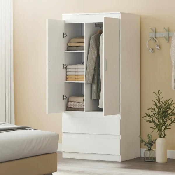 Slaapkamer garderobe Met 2 Deuren, 2 Laden, 3 Vakken, Hout, Wit
