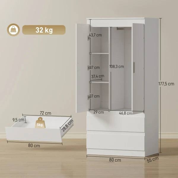 Slaapkamer garderobe Met 2 Deuren, 2 Laden, 3 Vakken, Hout, Wit